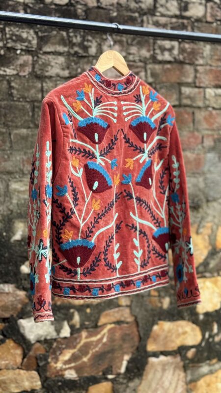Womens Terracotta Velvet Embroidered Jacket with Floral Design